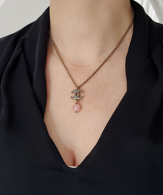Vintage Chanel CC Logo Rose Quartz Necklace