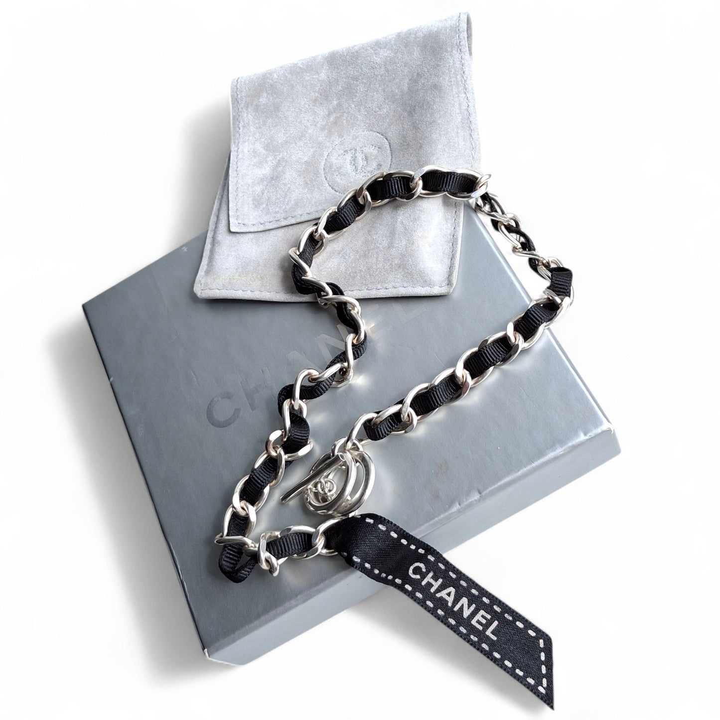 Chanel Vintage Silver Logo Ribbon Necklace
