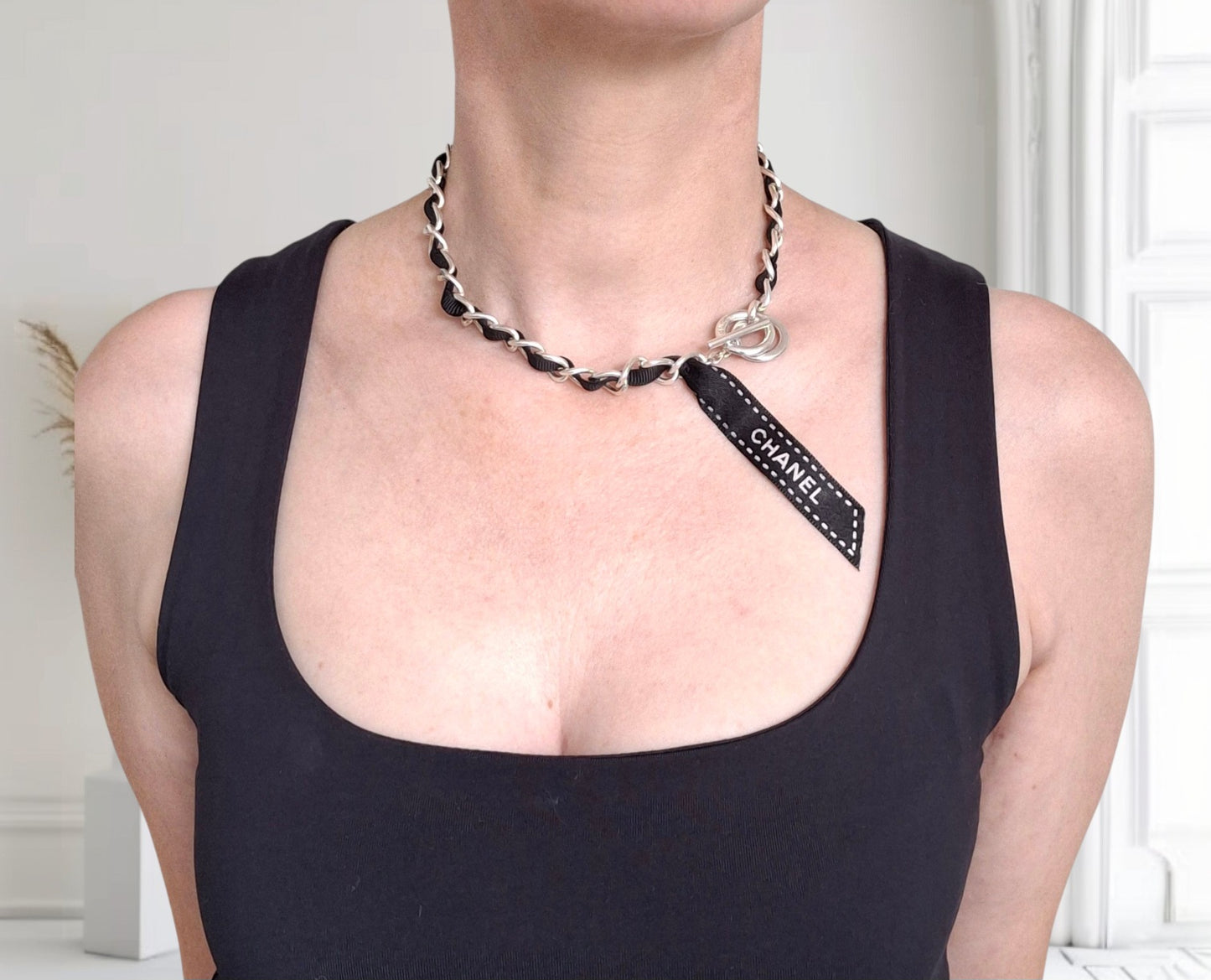 Chanel Vintage Silver Logo Ribbon Necklace