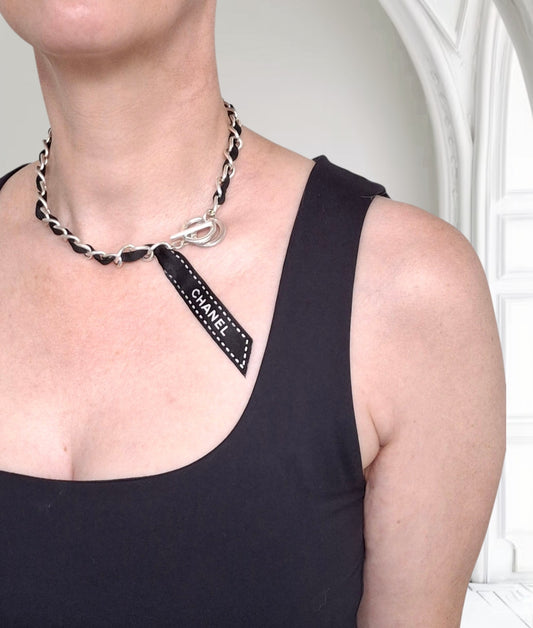 Chanel Vintage Silver Logo Ribbon Necklace