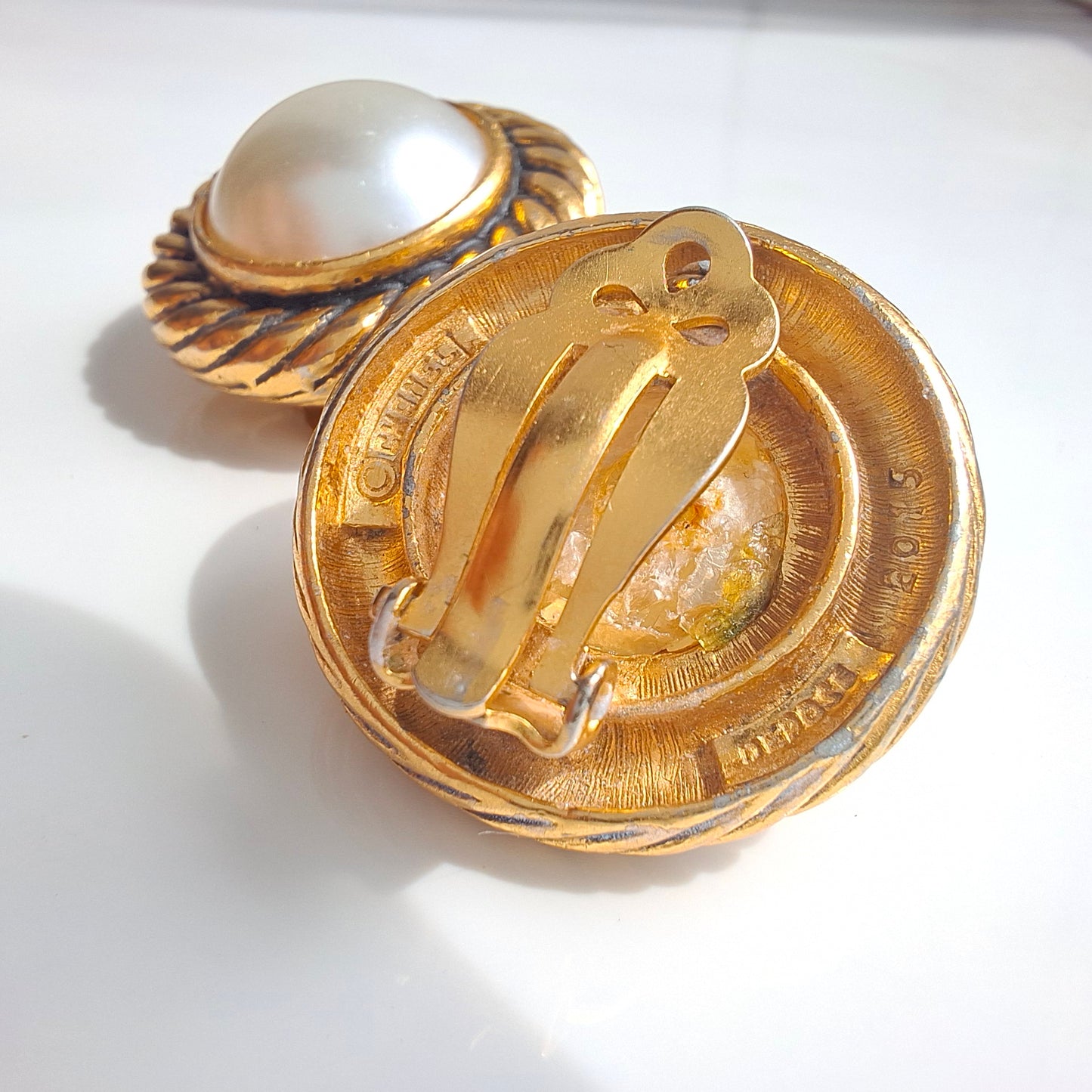 Vintage 1980s Chanel Gold Tone Faux Pearl Clip-on Earrings