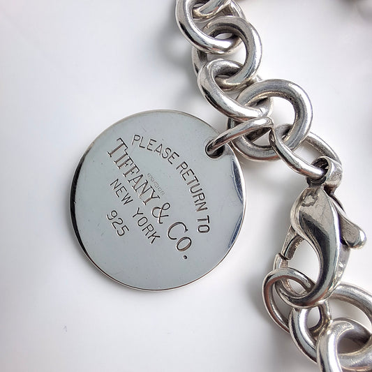 Please Return to Tiffany & Co. New York Vintage Sterling Silver Round Tag Bracelet