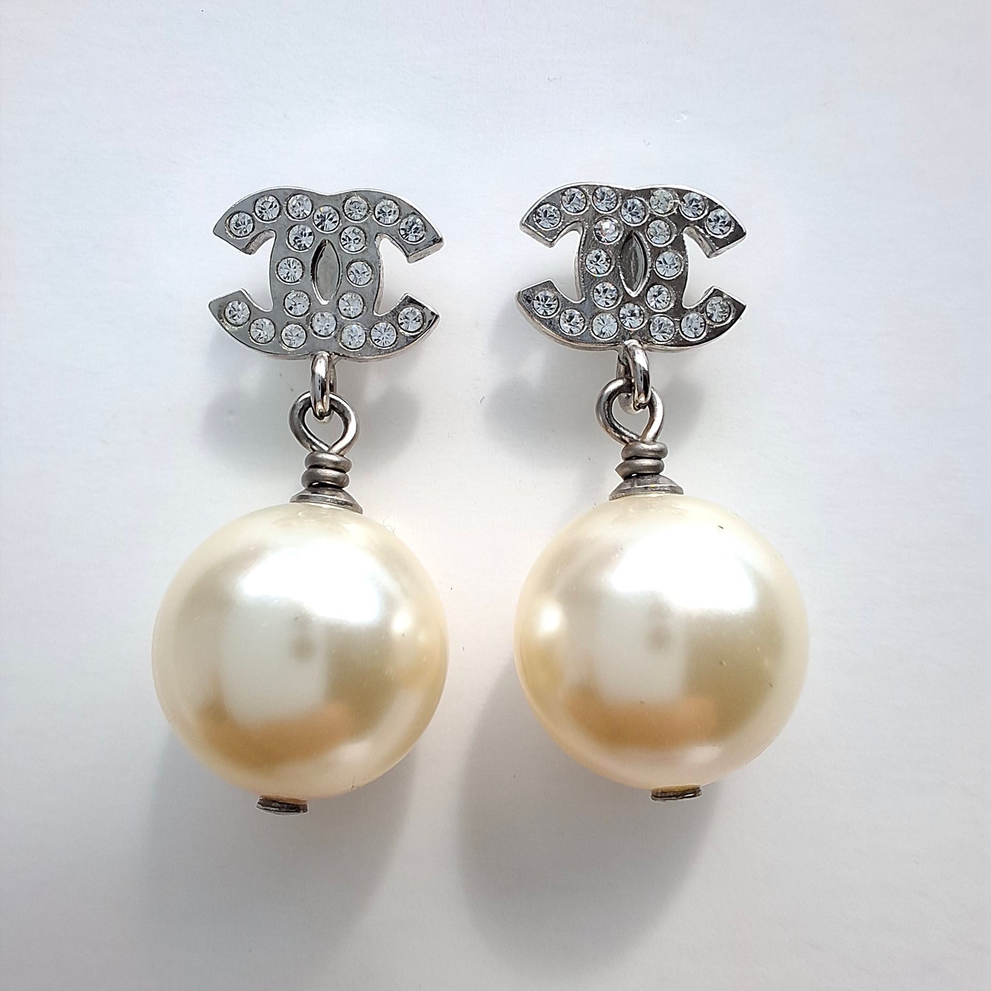 Chanel Crystal CC Logo Pearl Drop Earrings