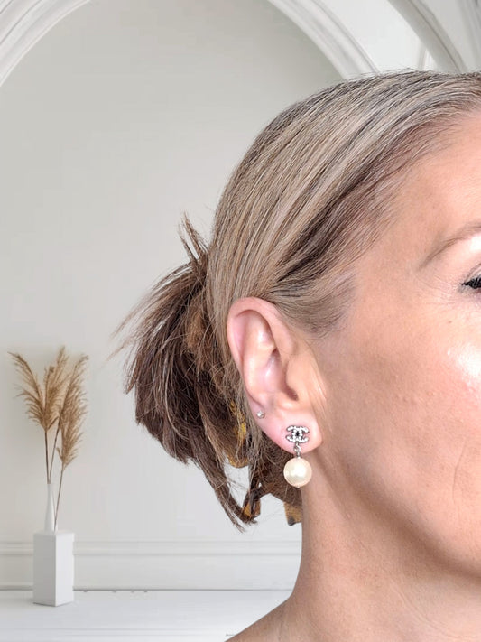 Chanel Crystal CC Logo Pearl Drop Earrings