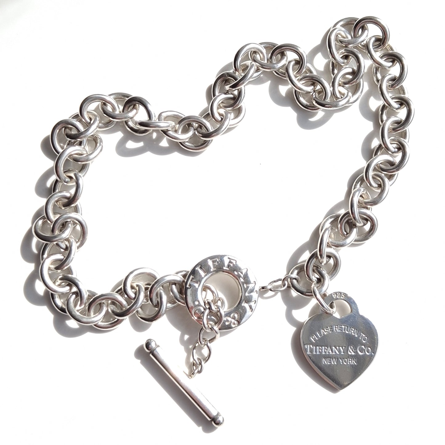 Vintage Please Return to Tiffany New York Heart Charm Toggle Necklace in Solid 925 Sterling Silver