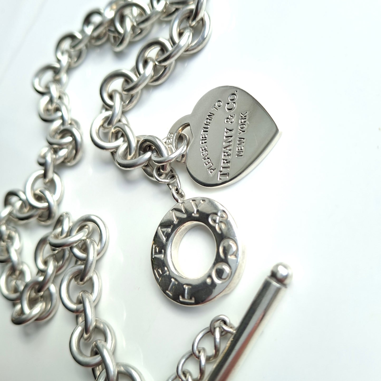 Vintage Please Return to Tiffany New York Heart Charm Toggle Necklace in Solid 925 Sterling Silver