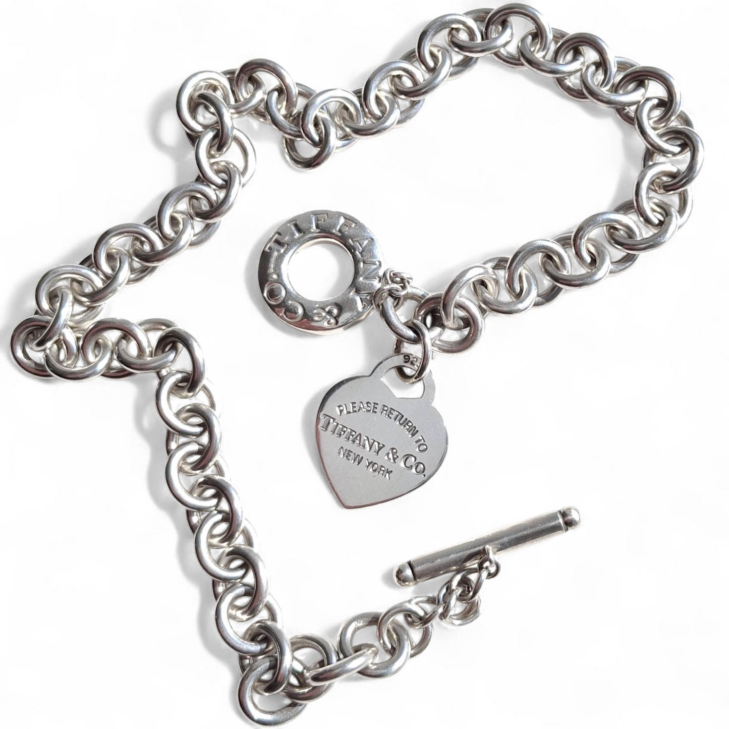Vintage Please Return to Tiffany New York Heart Charm Toggle Necklace in Solid 925 Sterling Silver