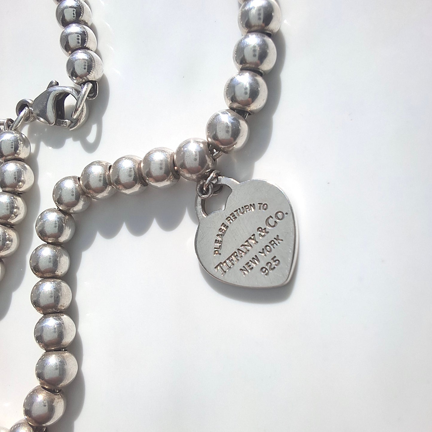 Return to Tiffany Sterling Silver Beaded Bracelet With Pink Enamel Heart Charm Tag