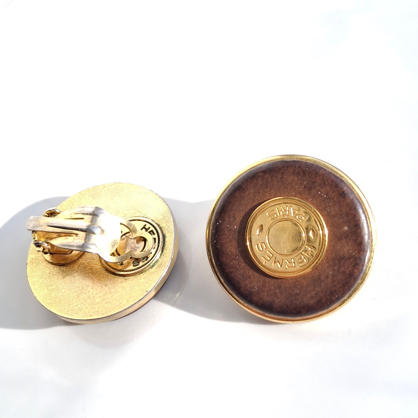 Vintage Hermes Clou de Selle Patinated Leather Clip-on Earrings