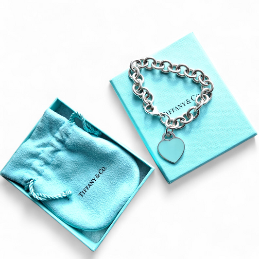 Rare Double Sided Return to Tiffany & Co. Blue Enamelled Silver Heart Charm Bracelet