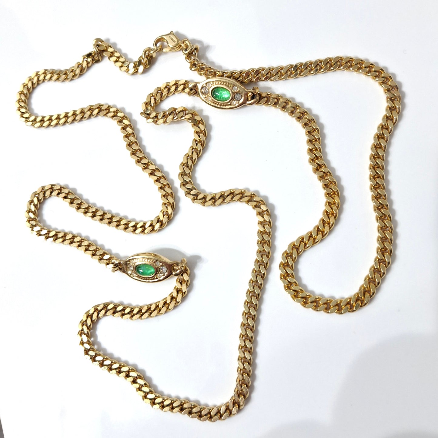 Vintage Cristian Dior Gold Plated Long Curb Link Necklace with Emerald Green Glass Cobochon