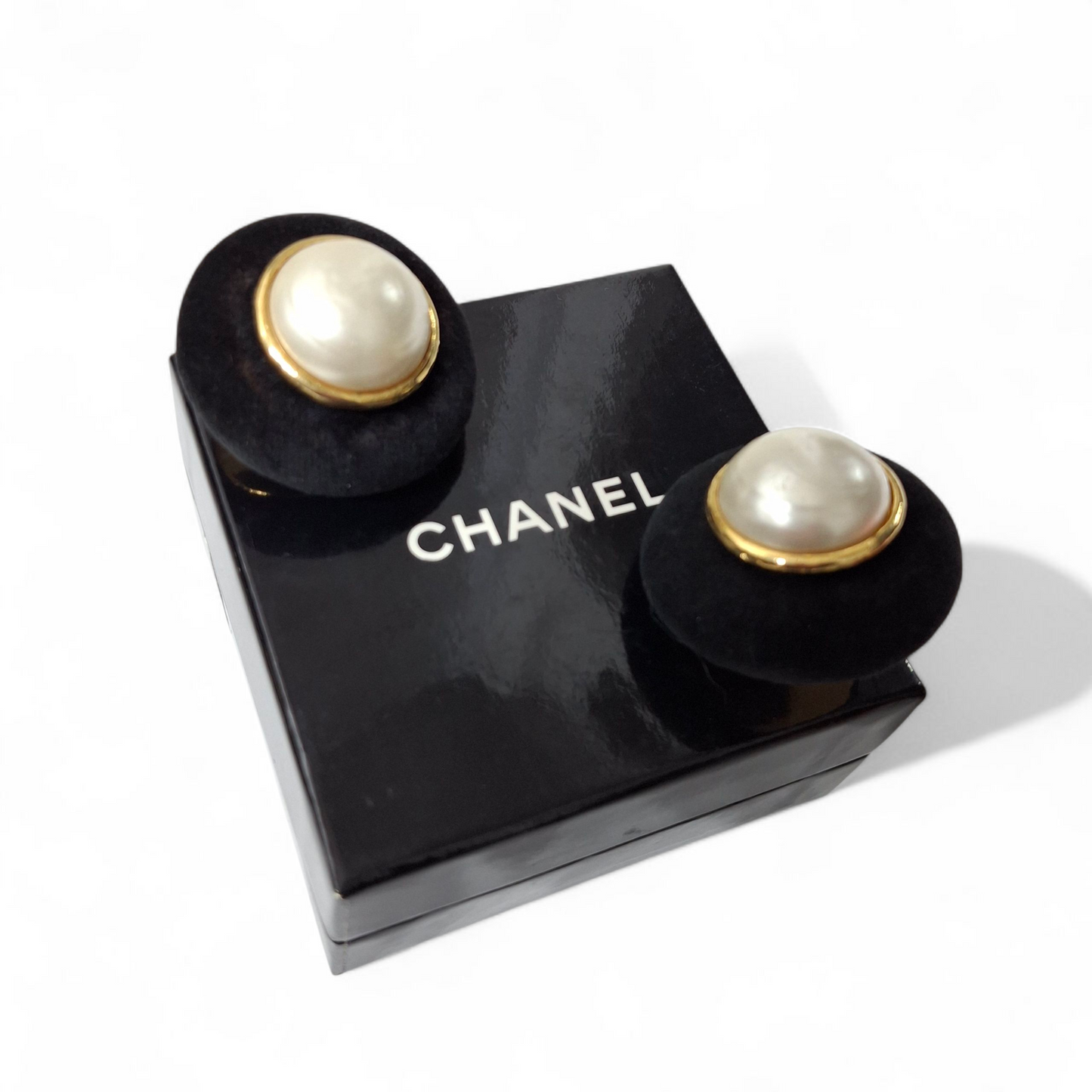 Vintage Chanel Velvet & Faux Pearl Earrings with Box