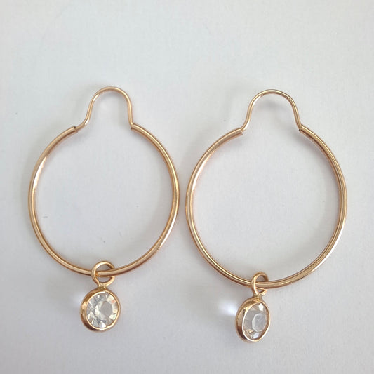 Vintage Gold Plated Hoop Earrings with Crystal Drops