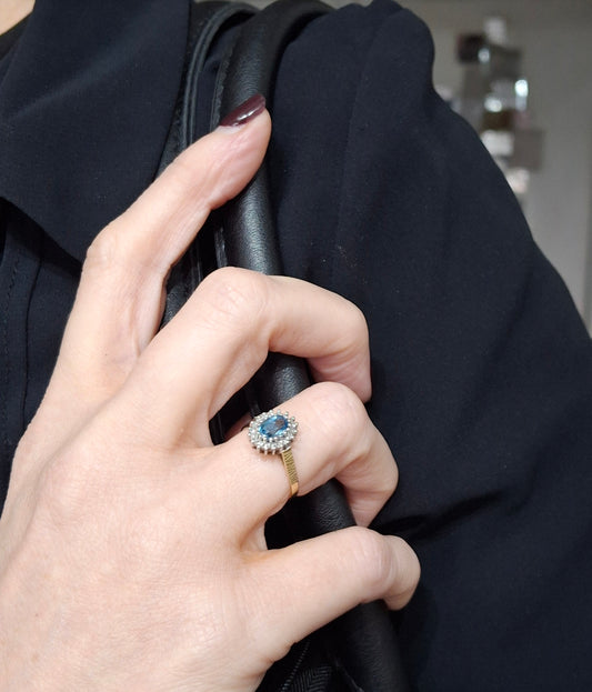 Vintage Swiss Blue Topaz & Diamond 9ct Gold Ring