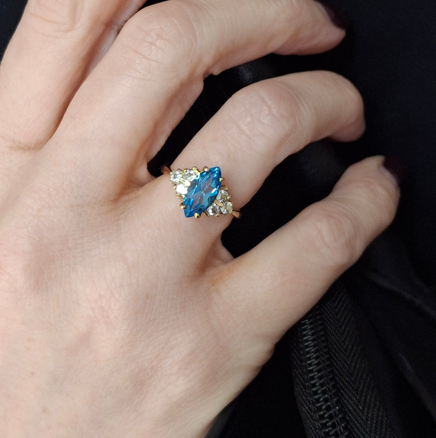 Vintage Marquise Cut Swiss Blue Topaz & Diamond Ring