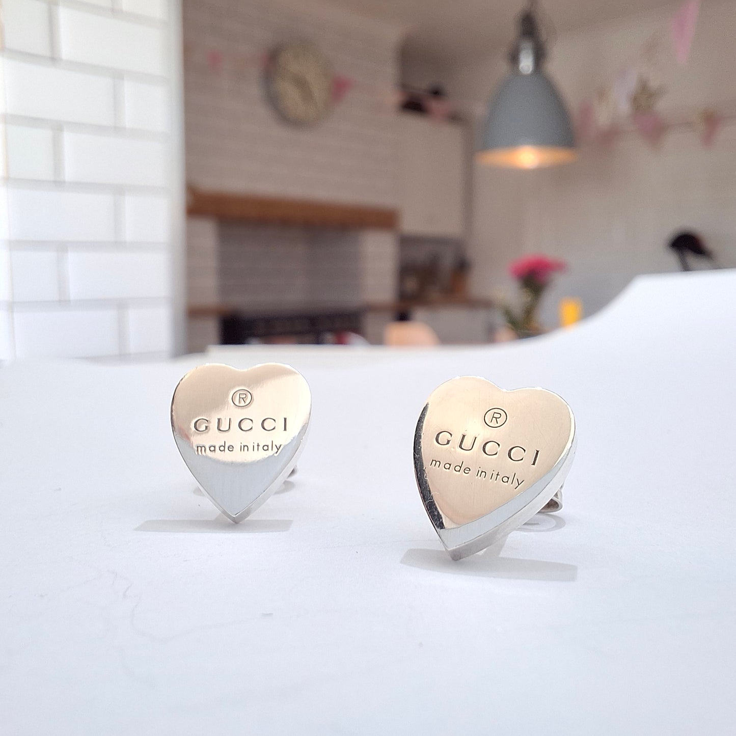 Silver Gucci Trademark Heart Stud Earrings