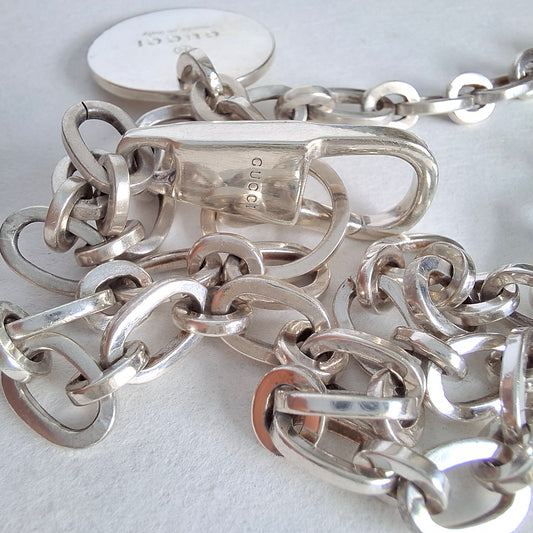 Vintage Gucci Round Tag Logo Necklace in Hallmarked Sterling Silver