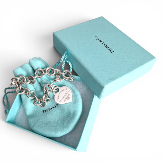 Return to Tiffany & Co Double Sided Blue Enamel Heart Tag Bracelet in Sterling Silver with Box and Pouch