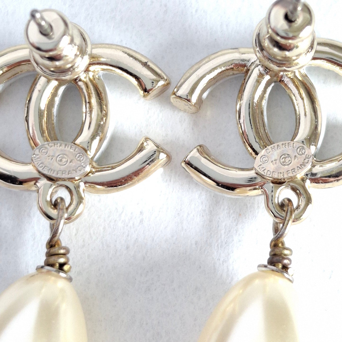 Chanel White CC Logo Pearl Drop Earrings