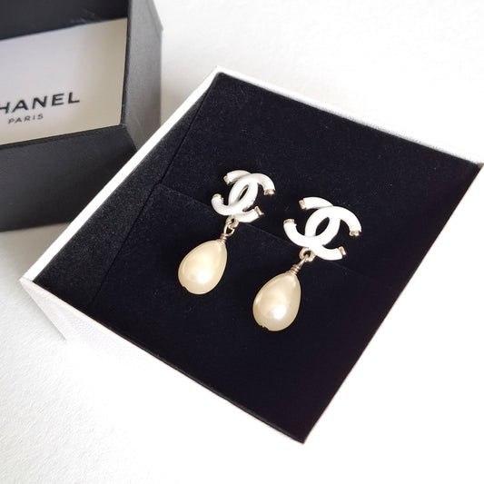 Chanel White CC Logo Pearl Drop Earrings