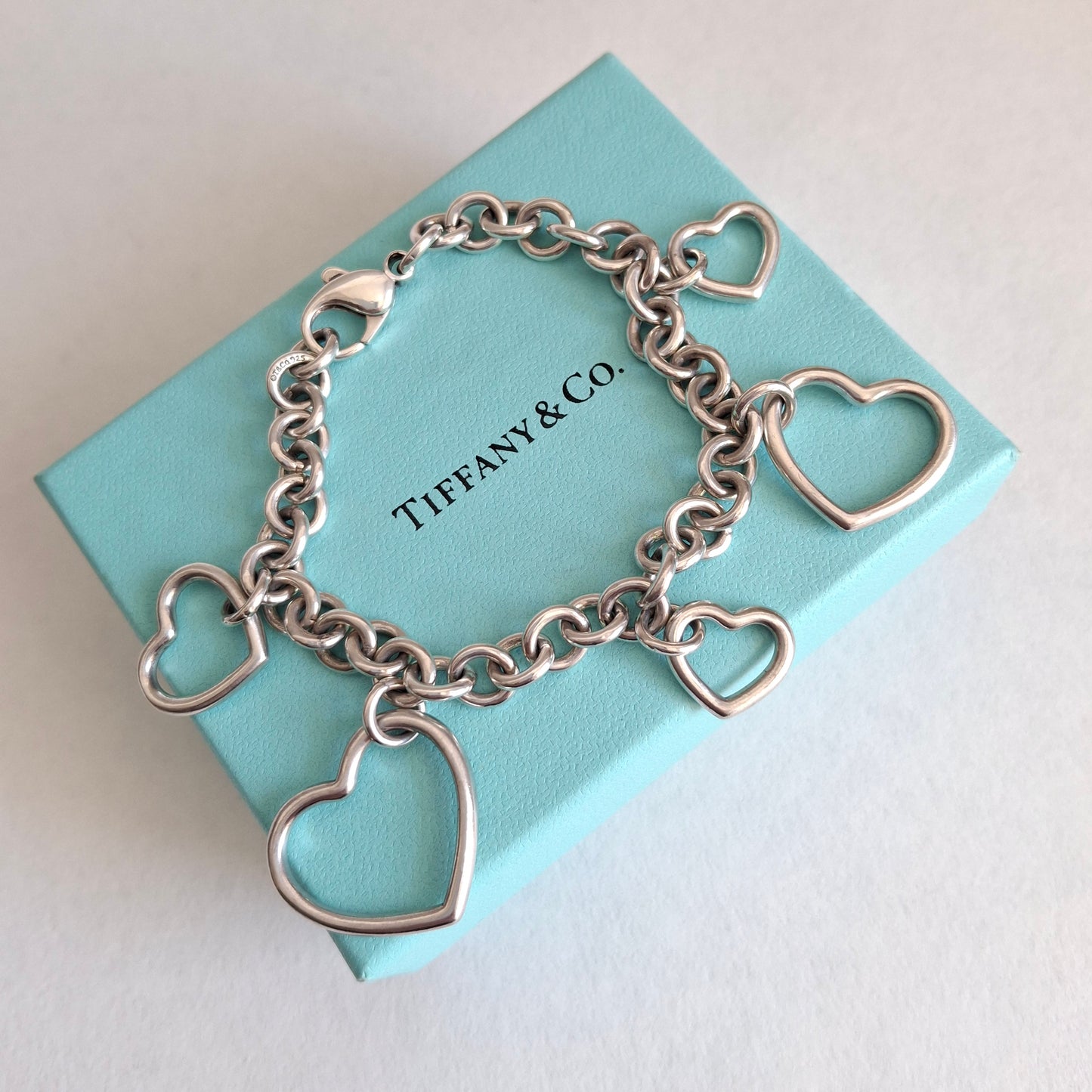 Vintage Tiffany & Co Five Heart Charm Bracelet in 925 Sterling Silver with Box and Pouch