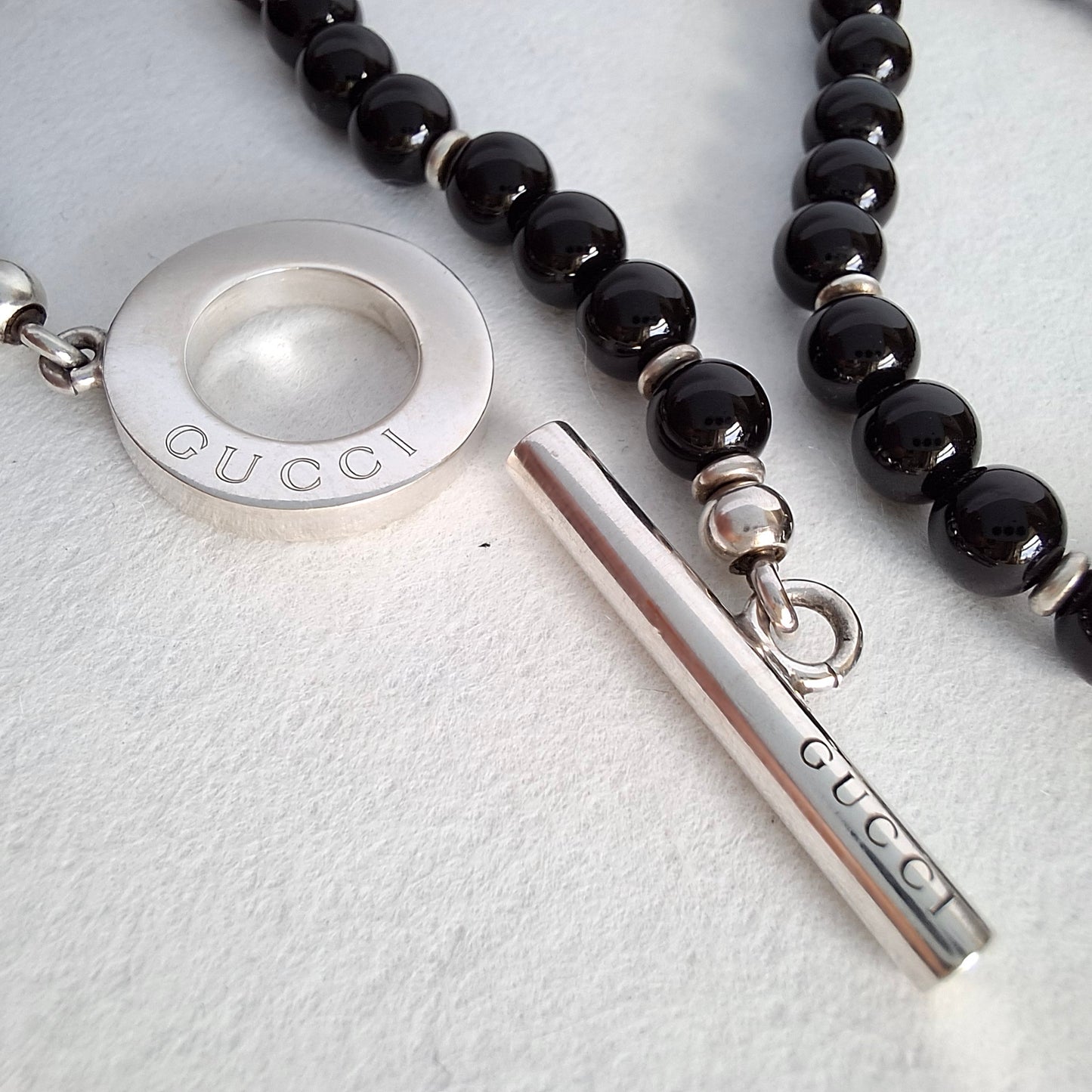 Gucci Onyx Toggle Clasp Bead Necklace in Hallmarked Sterling Silver