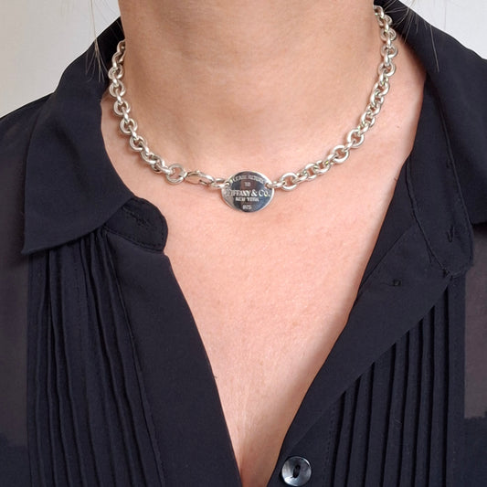 Vintage Bitte zurück an Tiffany & Co New York 925 Ovalanhänger Halskette aus punziertem Sterlingsilber