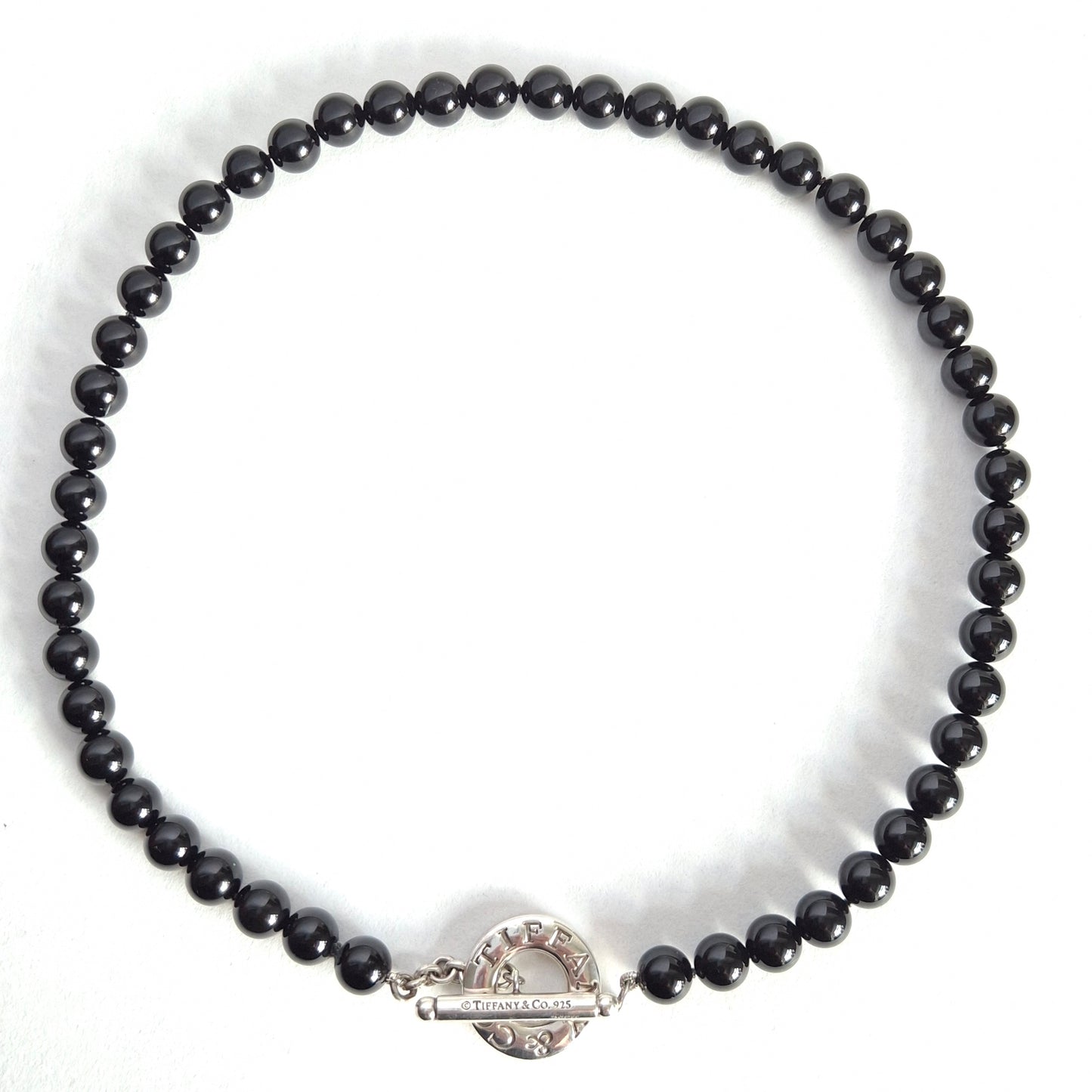 Tiffany & Co Toggle Clasp Onyx Bead Necklace in Hallmarked Sterling Silver