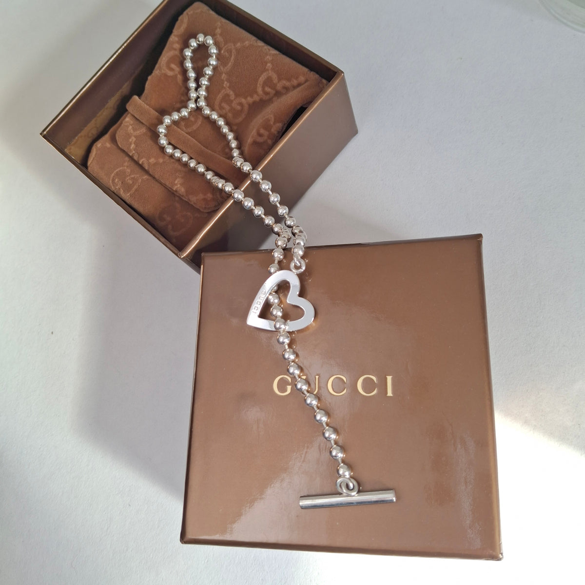 Gucci Love Heart Toggle Clasp Boule Bead Necklace in Hallmarked Sterling Silver