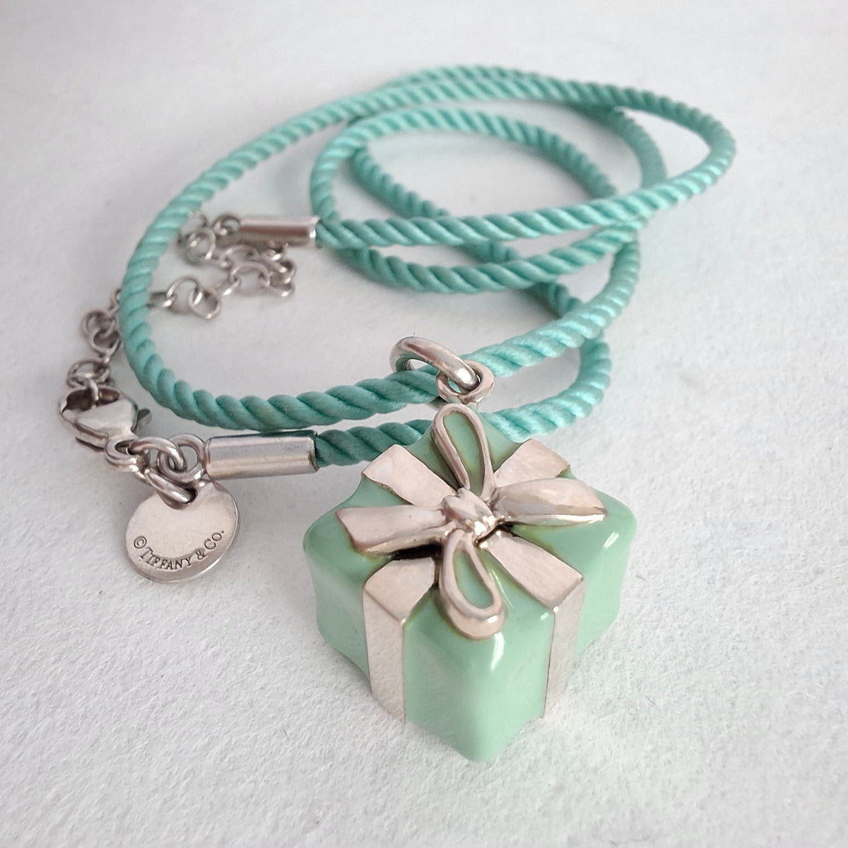 Tiffany & Co Blue Enamel Present Box Charm on Cord Necklace