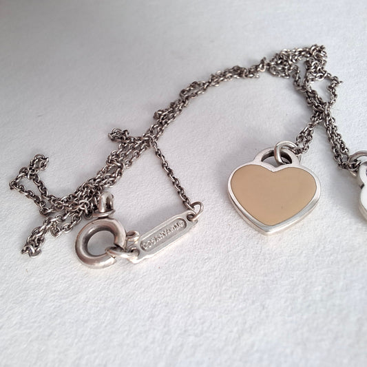 Return to Tiffany & Co Double Mini Heart Tag Necklace Pink Enamel Sterling Silver