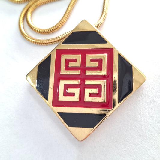 Vintage 1977 Givenchy Red Black & Gold Enamel Pendant Necklace