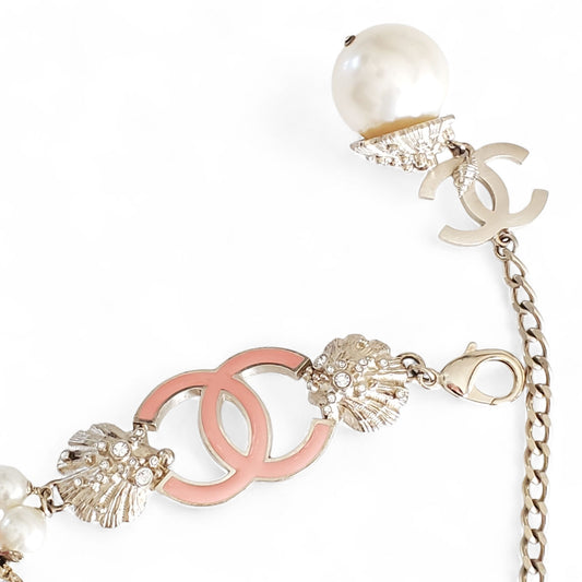 Preloved Chanel Pink Coral & Pearl Silver Chain Belt