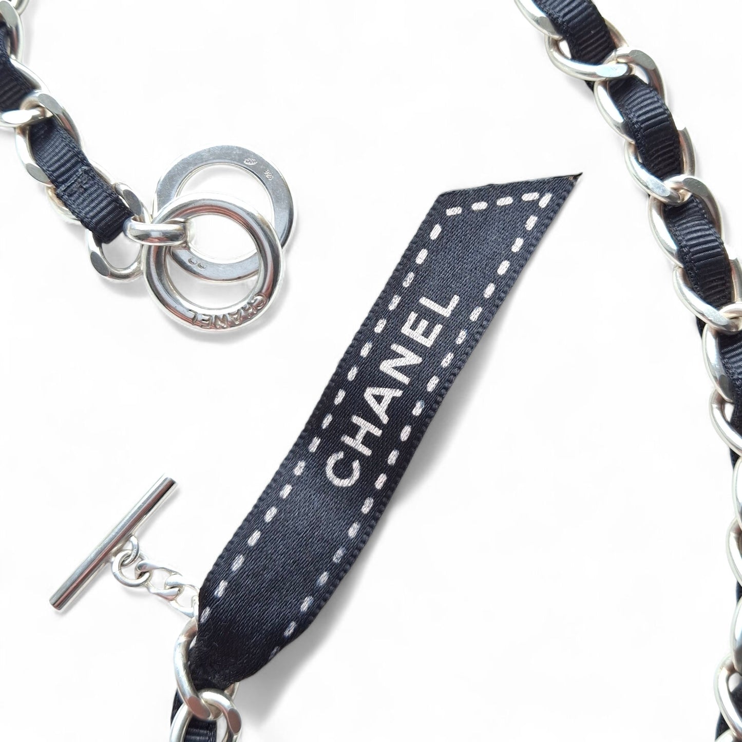 Chanel Vintage Silver Logo Ribbon Necklace