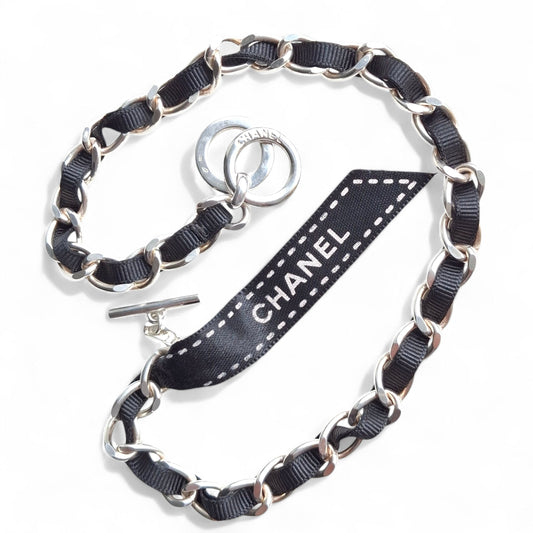 Chanel Vintage Silver Logo Ribbon Necklace