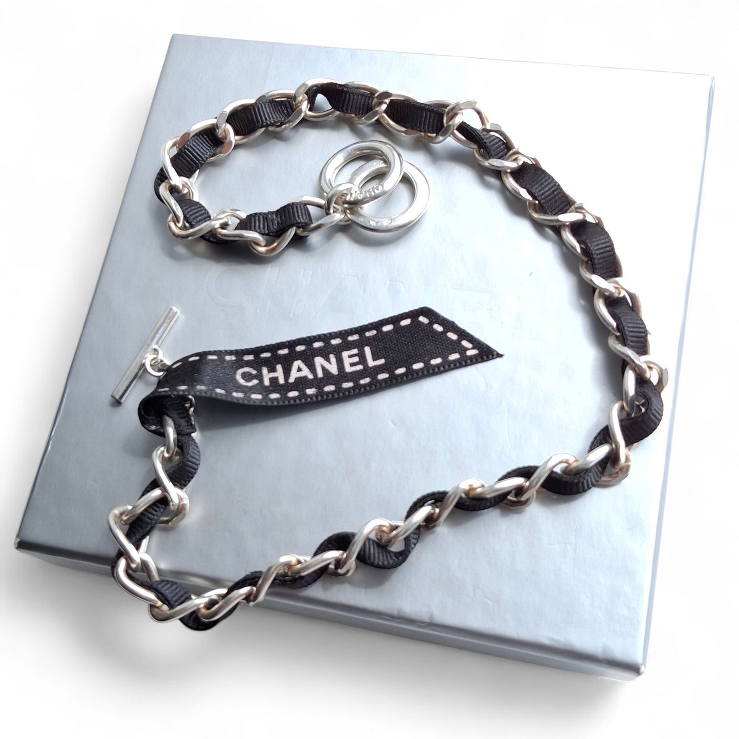 Chanel Vintage Silver Logo Ribbon Necklace