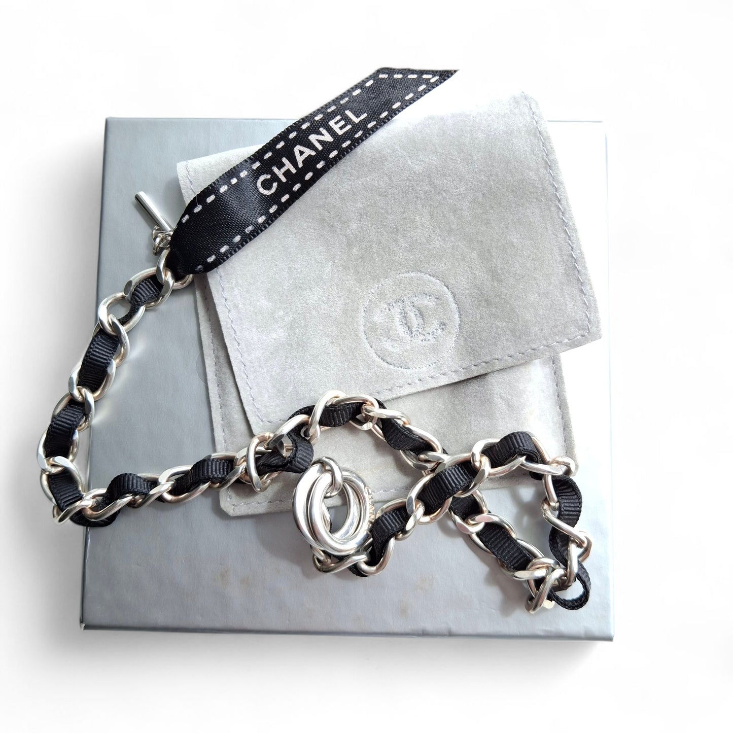 Chanel Vintage Silver Logo Ribbon Necklace