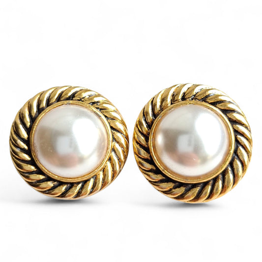 Vintage 1980s Chanel Gold Tone Faux Pearl Clip-on Earrings