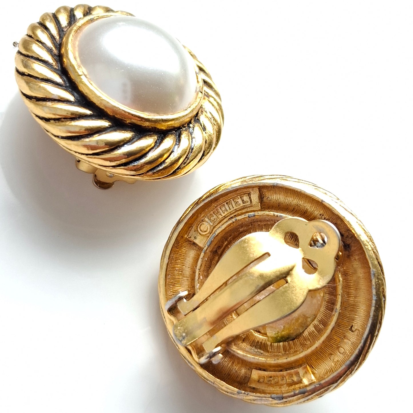 Vintage 1980s Chanel Gold Tone Faux Pearl Clip-on Earrings