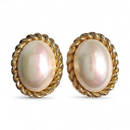 Vintage Christian Dior Gold Tone Faux Mabe Pearl Clip-on Earrings