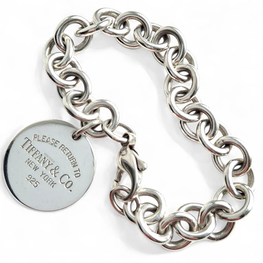 Please Return to Tiffany & Co. New York Vintage Sterling Silver Round Tag Bracelet