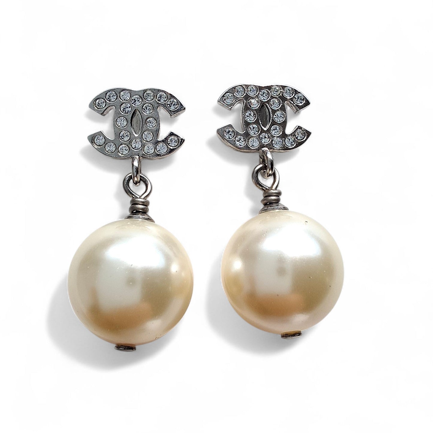 Chanel Crystal CC Logo Pearl Drop Earrings