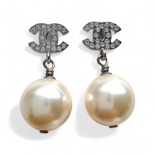 Chanel Crystal CC Logo Pearl Drop Earrings