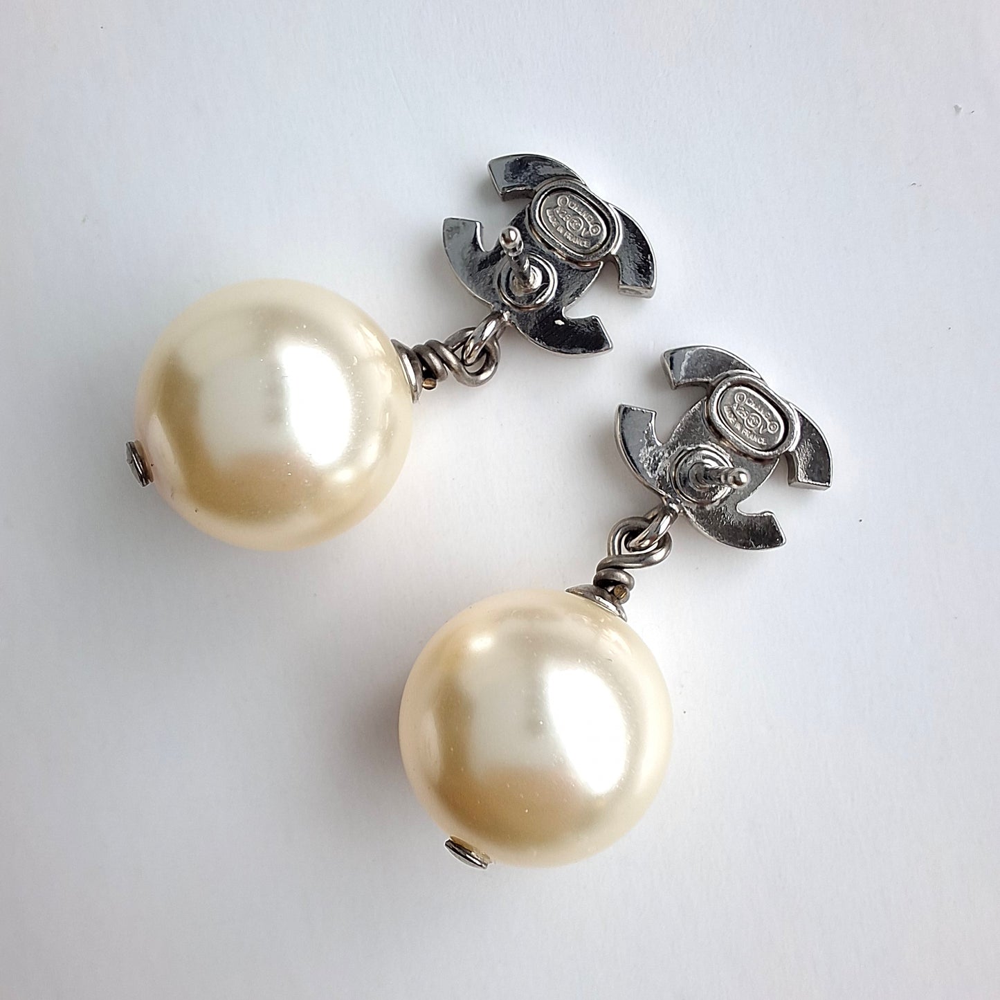 Chanel Crystal CC Logo Pearl Drop Earrings