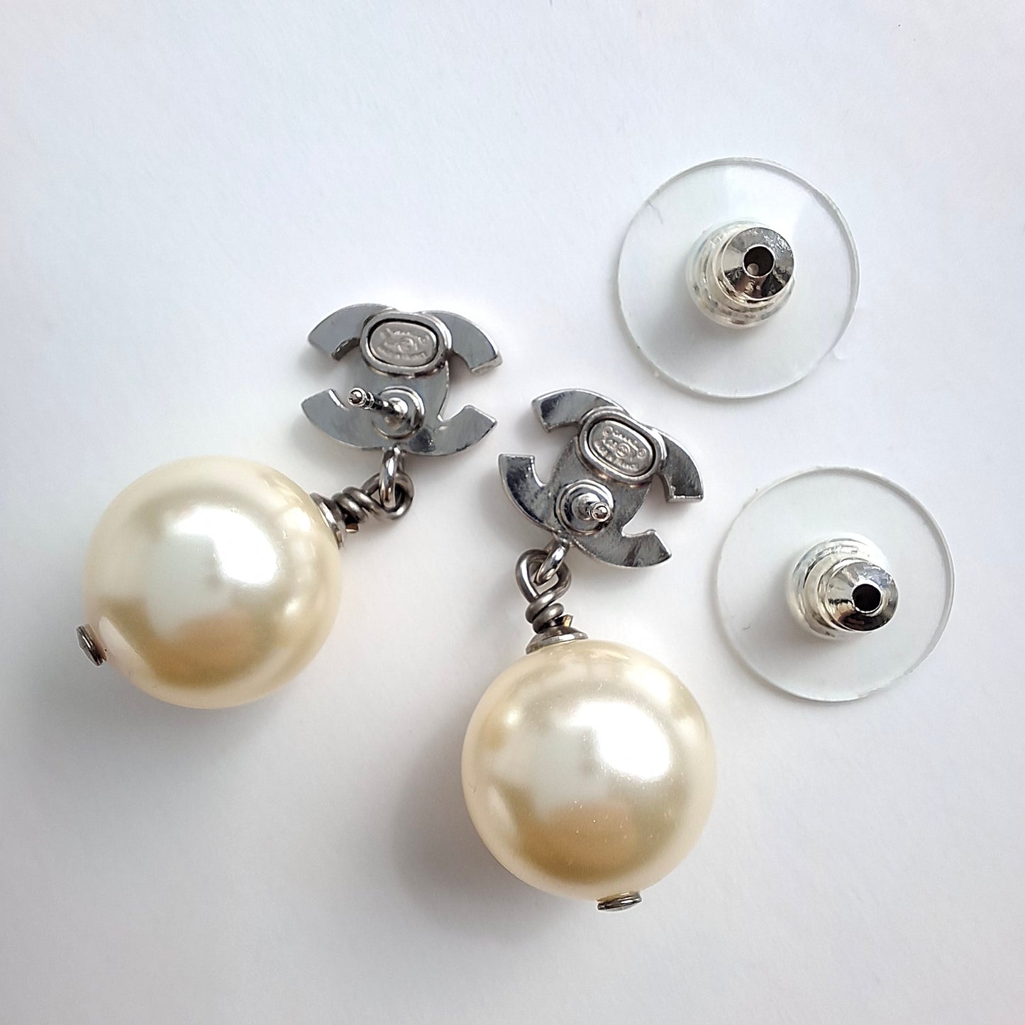 Chanel Crystal CC Logo Pearl Drop Earrings