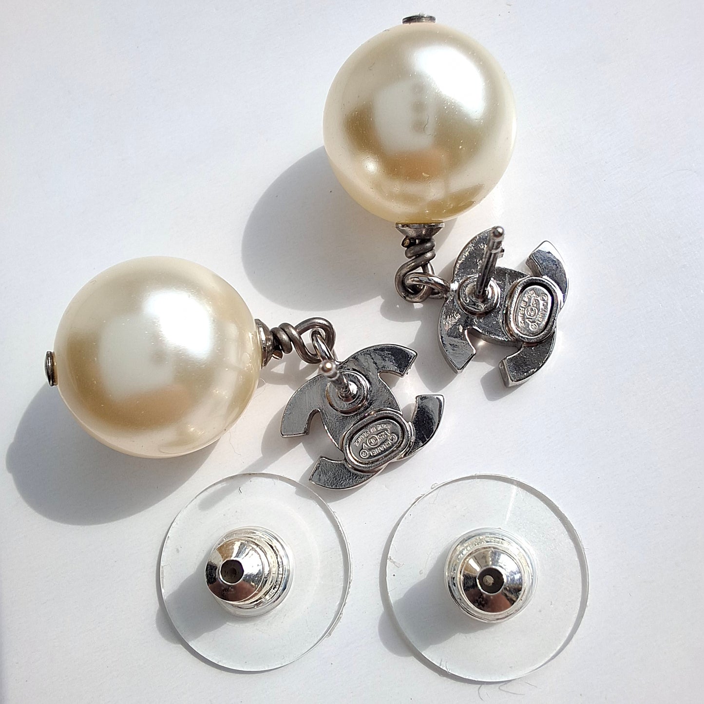 Chanel Crystal CC Logo Pearl Drop Earrings