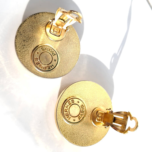 Vintage Hermes Clou de Selle Patinated Leather Clip-on Earrings