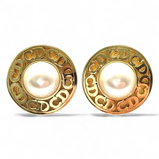 Vintage Christian Dior Faux Pearl CD Logo Earrings