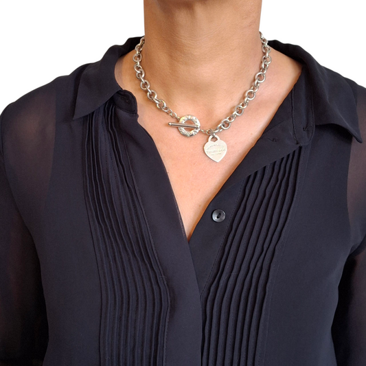 Vintage Please Return to Tiffany New York Heart Charm Toggle Necklace in Solid 925 Sterling Silver