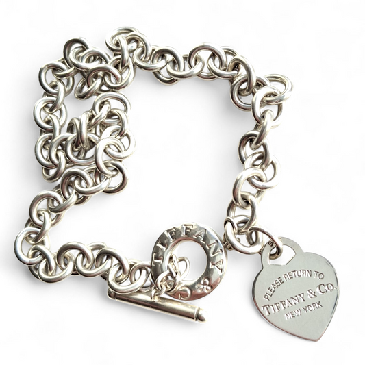 Vintage Please Return to Tiffany New York Heart Charm Toggle Necklace in Solid 925 Sterling Silver